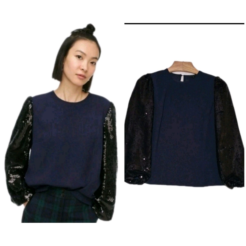 J. Crew Sequin Sleeve Statement Holiday Blouse Navy Blue & Black Womens Sz Small